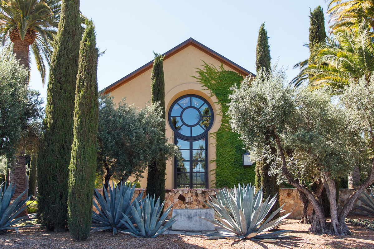 Elegant estate surrounded by tall cypress and olive trees, featuring a large arched window and lush landscaping.