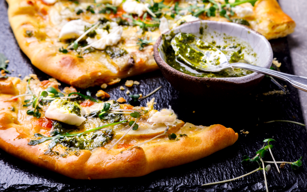 Roasted Garlic & Mushroom Flatbread with Kale Pesto Round Pond Estate