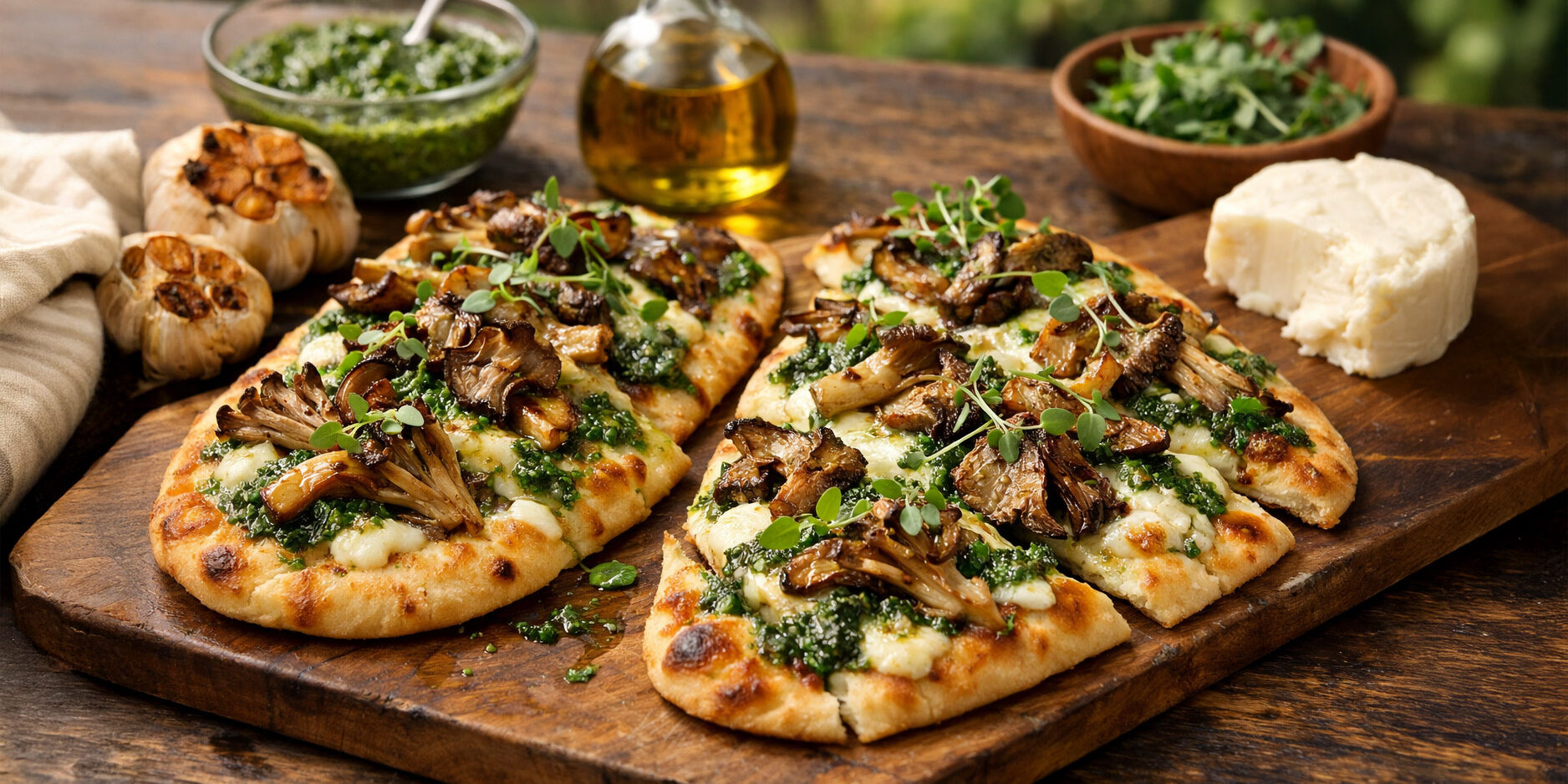 Roasted Garlic & Mushroom Flatbread with Kale Pesto on a cutting board.