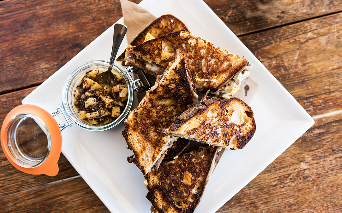 Duck Confit Grilled Cheese With Pear Mostarda Round Pond Estate
