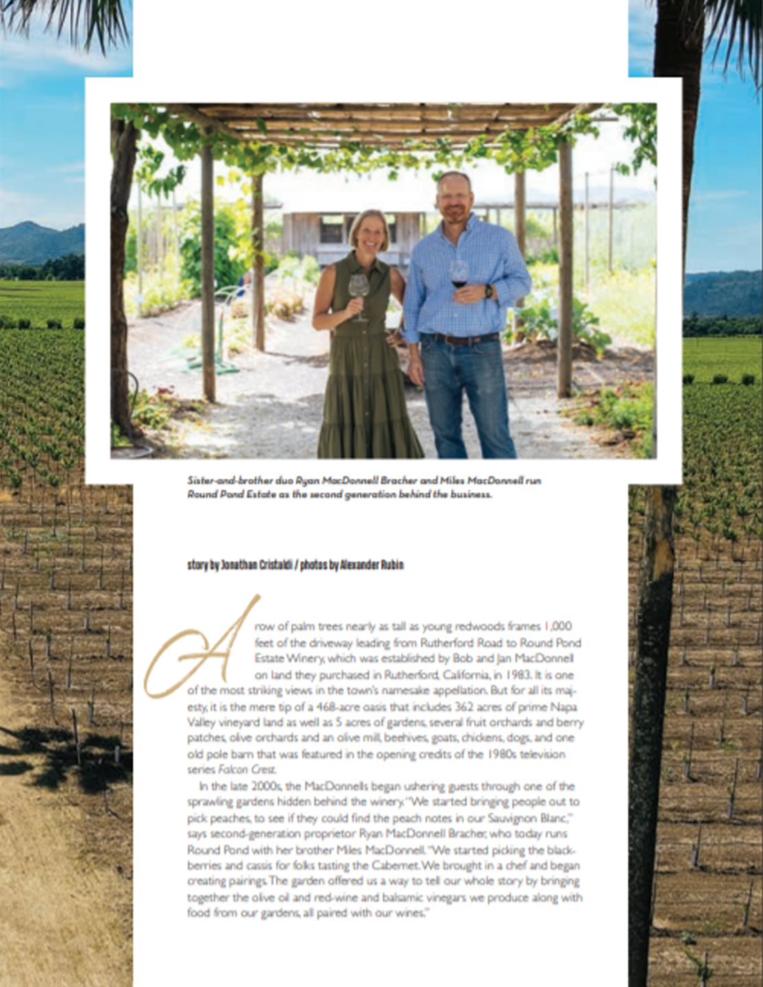 Sister and brother Ryan MacDonnell Brasher and Miles MacDonnell run Round Pond Estate in the estate's lush vineyard.