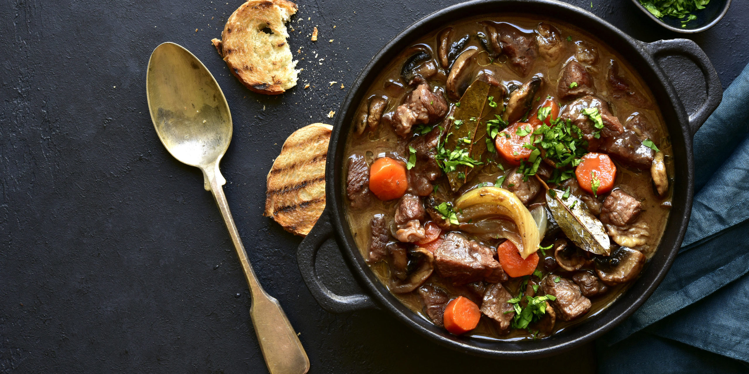 Beef bourguignon – meat stew with vegetables and mushrooms with