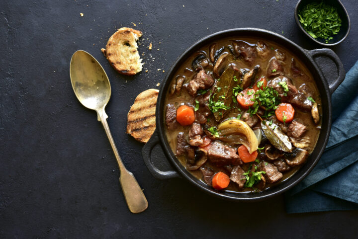 Beef bourguignon – meat stew with vegetables and mushrooms with