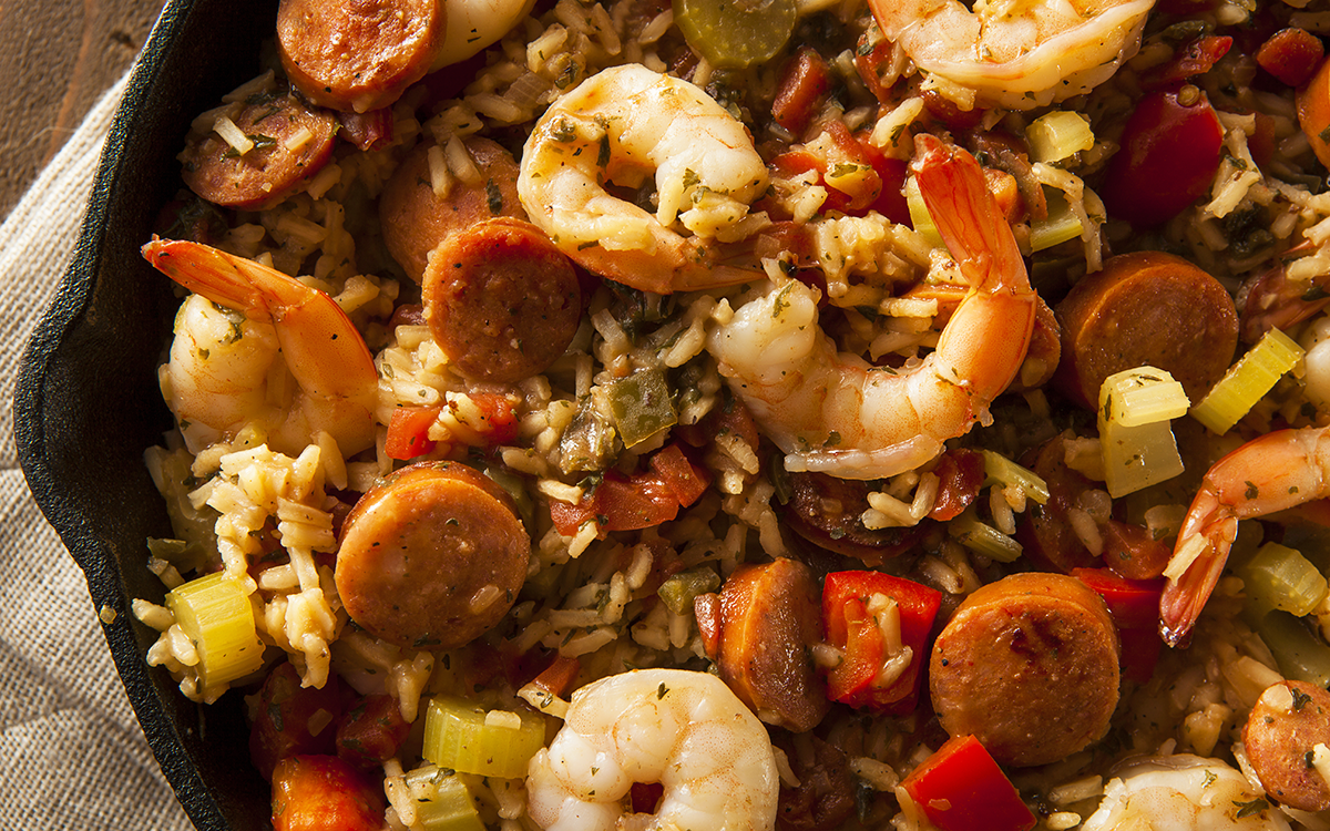 Delicious shrimp and sausage jambalaya with rice, vegetables, and spices.