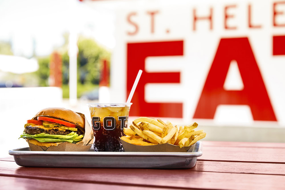 A classic burger with fries and soda at a Napa Valley eatery.