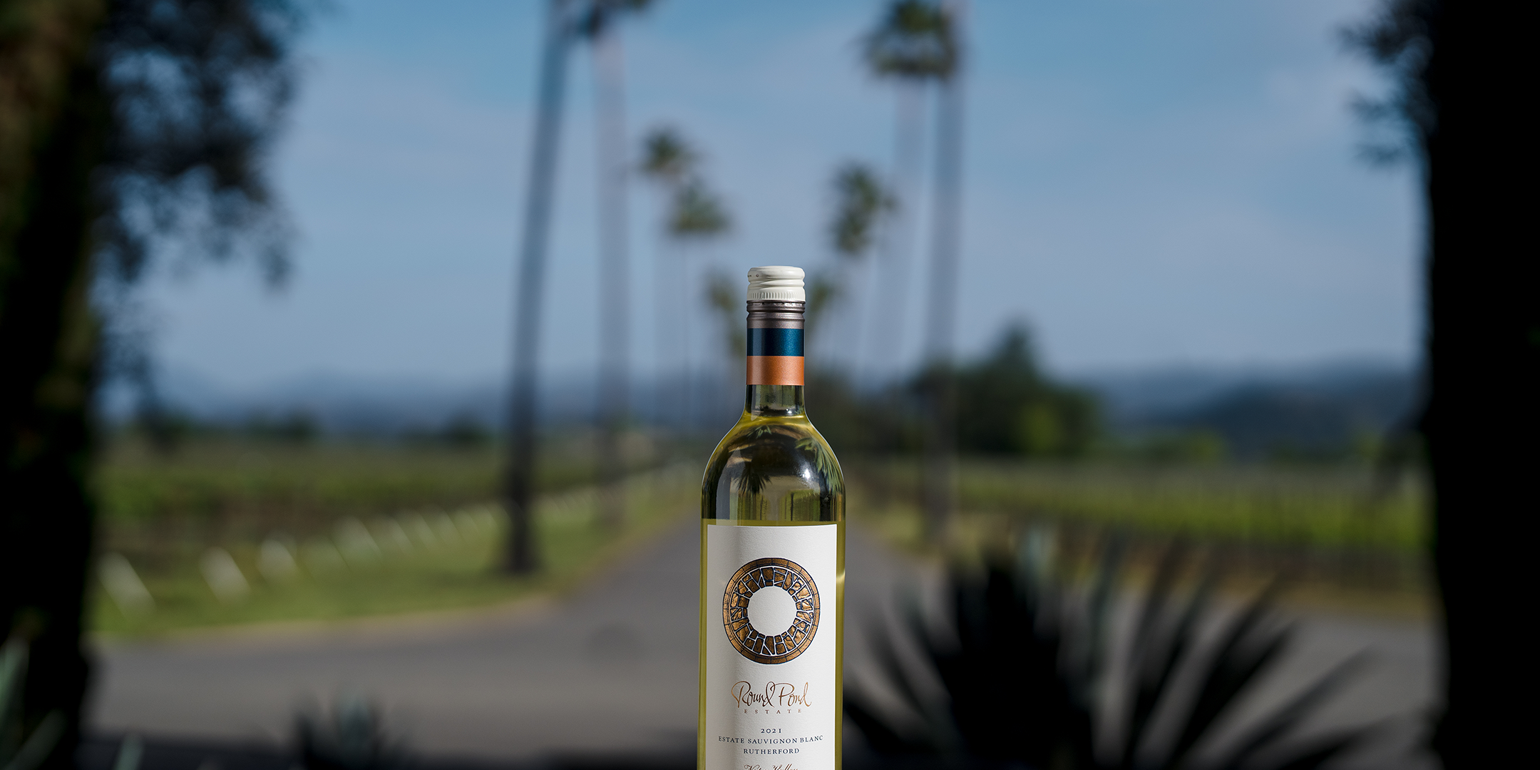 Bottle of Sauvignon Blanc staged in front of Round Pond's Palm Drive