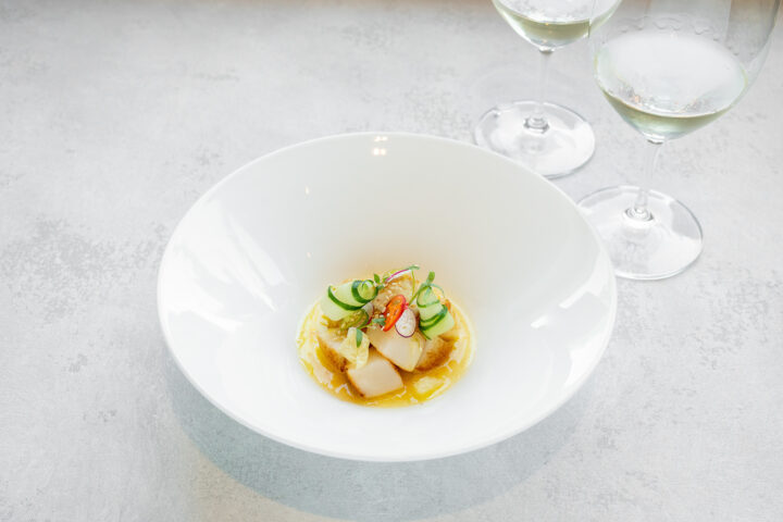 Roasted Scallops with Citrus Vinaigrette White bowl with vibrant herb garnish over scallops