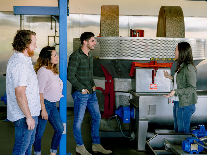 Group of four people standing in front of a stone olive press