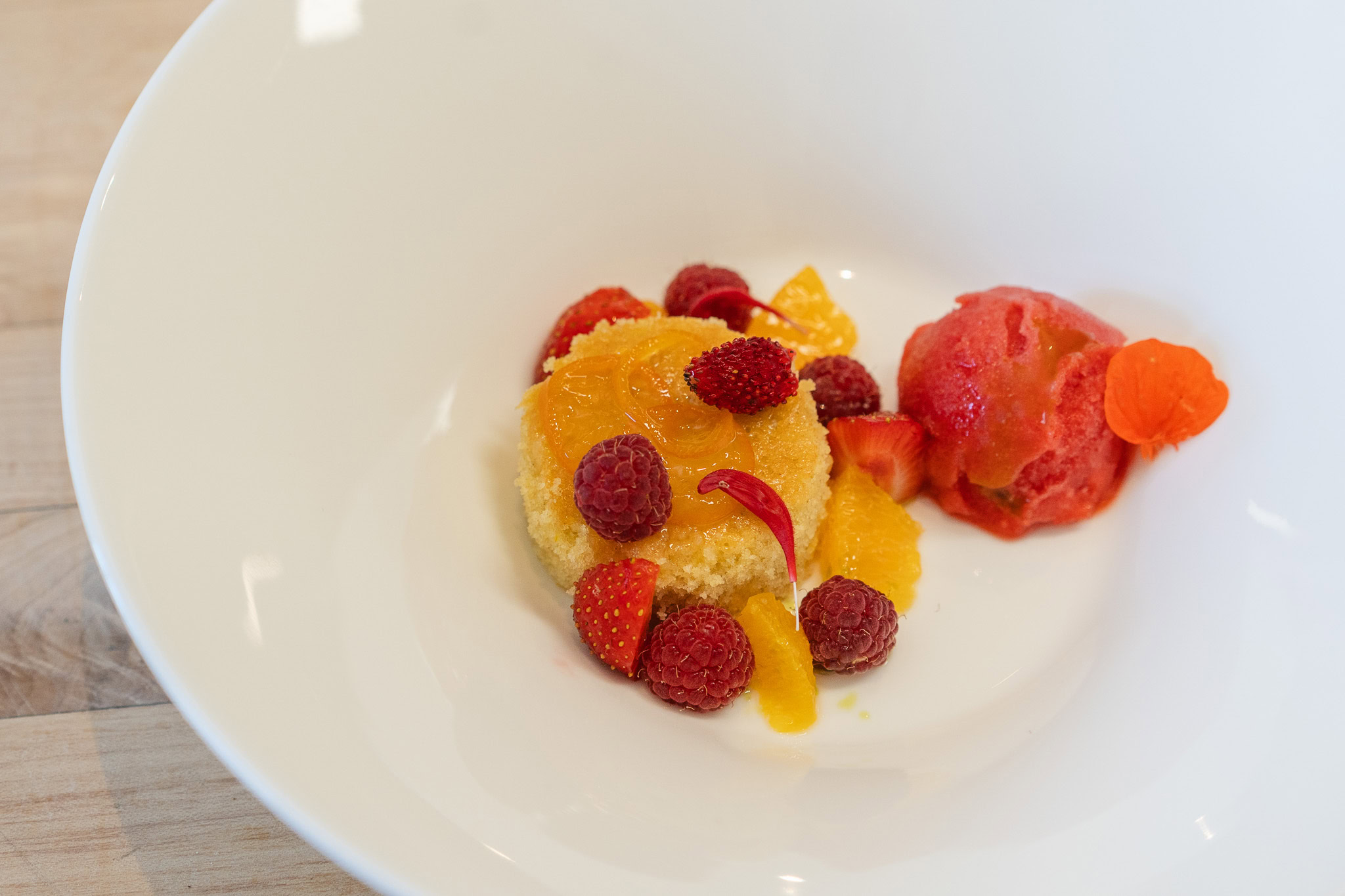 Meyer lemon olive oil cake with Rosato sorbet.