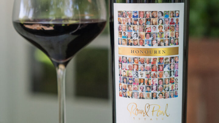 Glass of red wine next to a bottle of wine with a collage of images for the label.