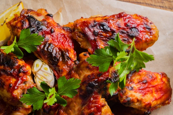 Succulent grilled chicken wings glazed with barbecue sauce, garnished with fresh parsley, perfect for outdoor grilling and fl.