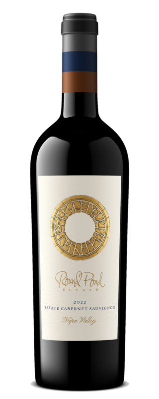 Bottle of Round Pond Estate Cabernet Sauvignon with a white label and gold emblem.