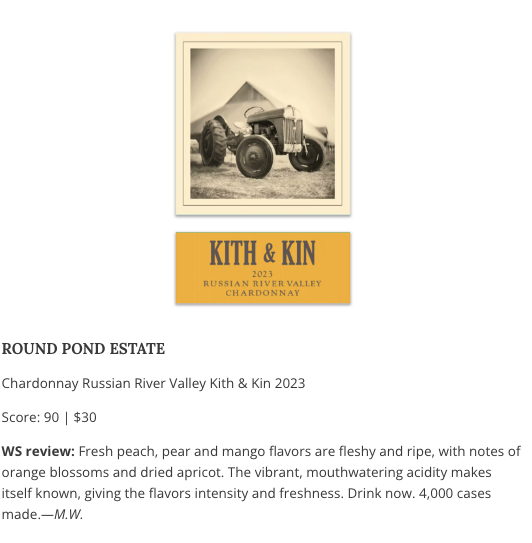 Vintage Kith & Kin 2023 Russian River Valley Chardonnay wine bottle on a rustic background.