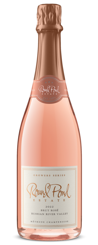 Bottled rosé wine from Round Pond Estate, Russian River Valley, showcasing a delicate pink hue.
