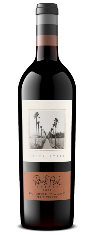 Elegant bottle of Round Pond Estate Proprietary wine with palm trees on label.