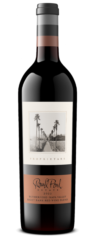 Elegant red wine bottle from Round Pond Estate with a scenic label featuring palm trees.
