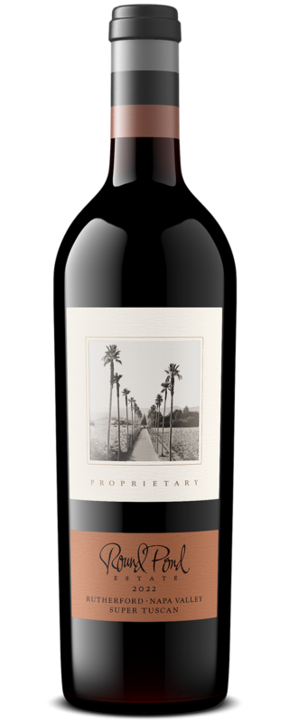 Elegant wine bottle from Round Pond Estate with a scenic label of palm trees and vineyard.