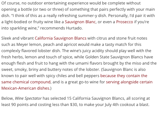 Sauvignon Blanc wine with citrus, stone fruit, and spicy flavors, perfect for July 4th celebrations.