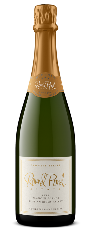 Bottled sparkling wine from Round Pond Estate, showcasing a green bottle with a gold foil top.