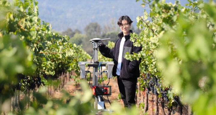 Emma – Agriculture Robotics AI Scout Agricultural robotics in Napa Valley vineyards — Budbreak founder Jonathan Moon stands with Emma, an AI vineyard robot at Round Pond Estate, showcasing sustainable winegrowing technology.