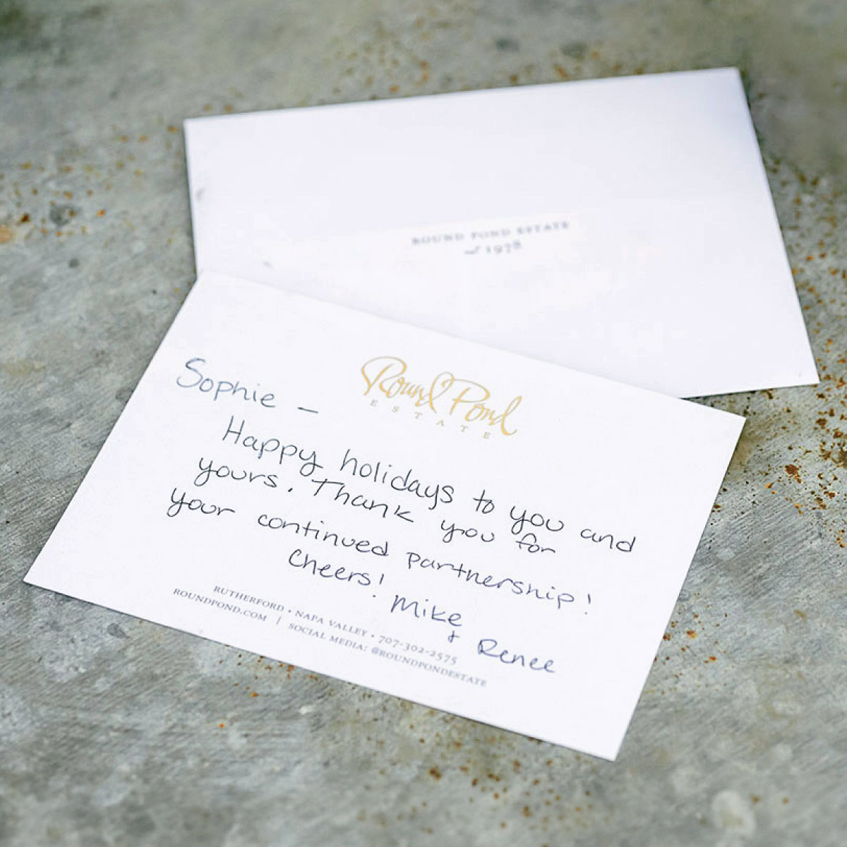 Holiday greeting card from Round Pond Estate with handwritten message.