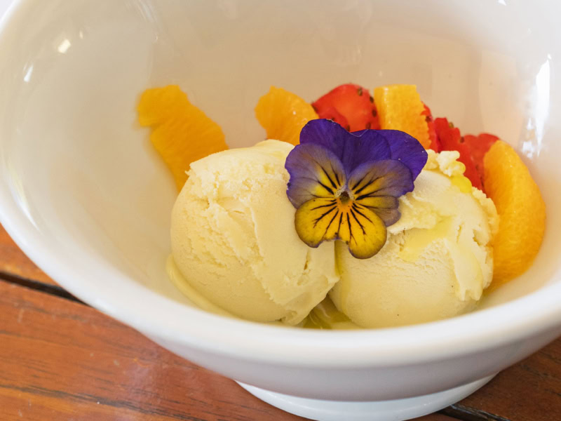Delicious fig leaf and honey ice cream topped with fresh fruit and edible flower, served in a white bowl.