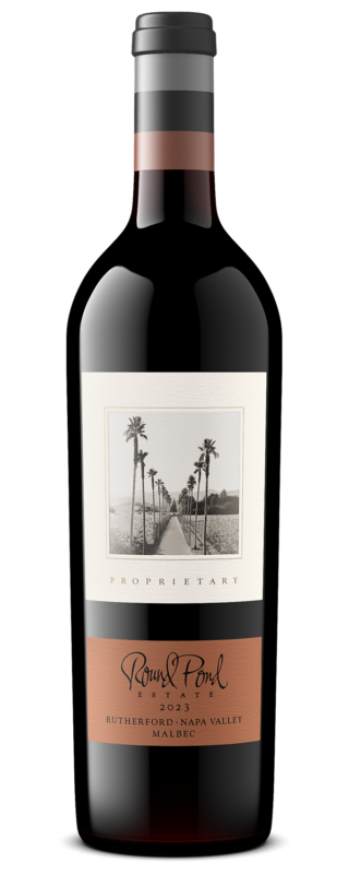 Elegant bottle of Round Pond Estate Malbec with a scenic label featuring palm trees.