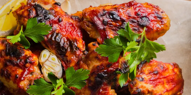 Delicious grilled chicken wings with a spicy achiote marinade, garnished with fresh parsley and lemon slices.