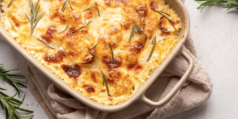 Delicious Manchego Potato Gratin with herbs and melted cheese.