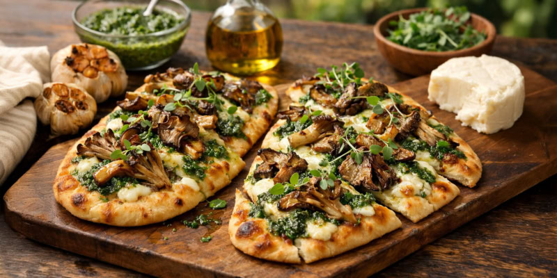 Delicious flatbread topped with roasted garlic, mushrooms, and fresh herbs, served with kale pesto and cheese on a wooden boa.